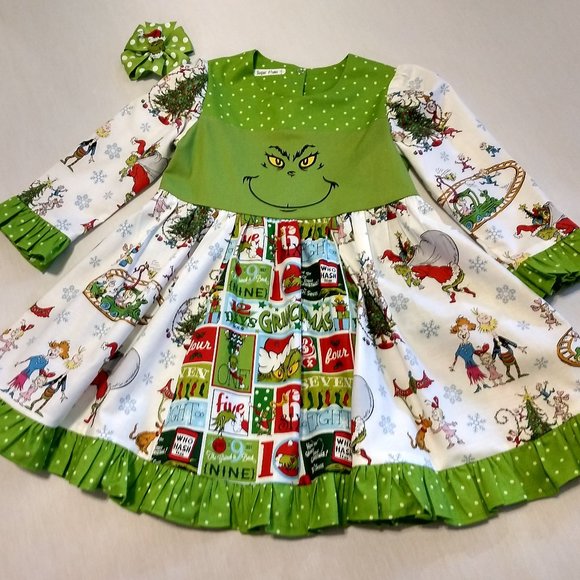 Grinch Dr. Suess Twirl Dress & Matching Hairbow - Picture 2 of 7